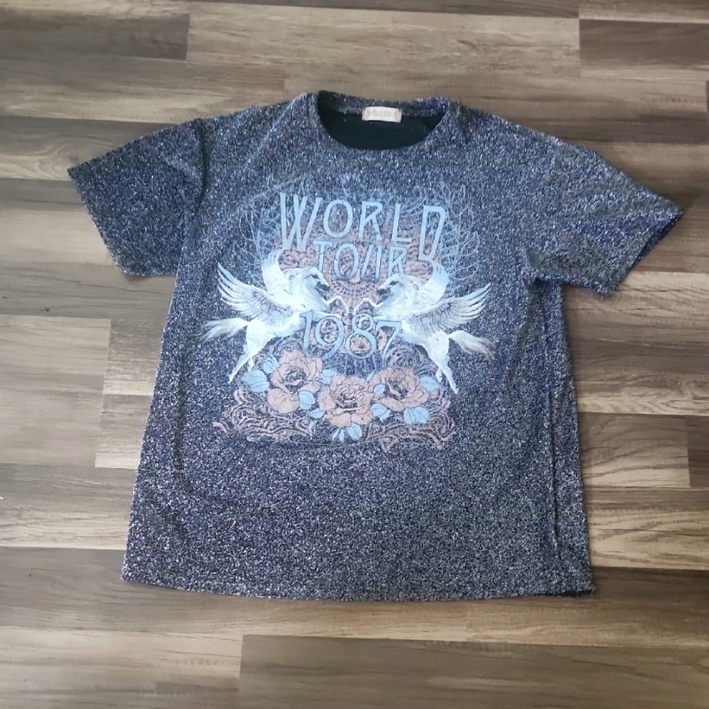 Altar'd State Shimmer Glitter World Tour 1987 Oversized Tee Womens Size XSmall